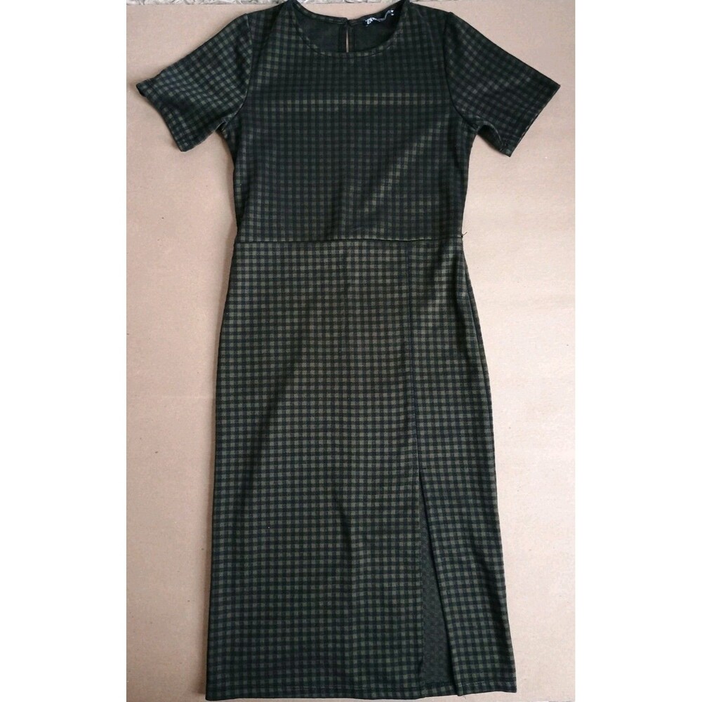 Zara Green And Black Plaid Dress Sz Small Front/Side Slit